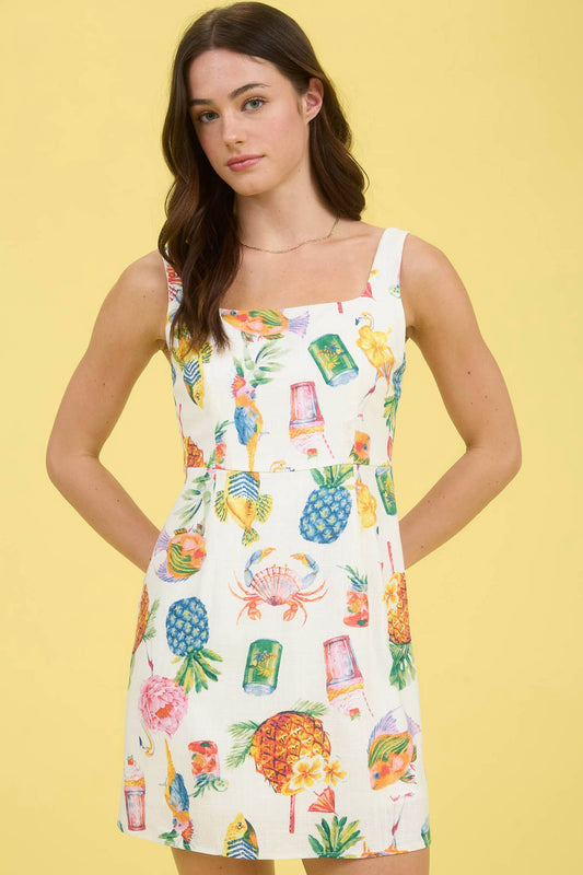TROPICAL SUMMER PRINT SLEEVELESS LINEN MINI DRESS