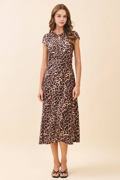 PRE ORDER Leopard Print Ruched Bodice Cap Sleeves Midi Dress