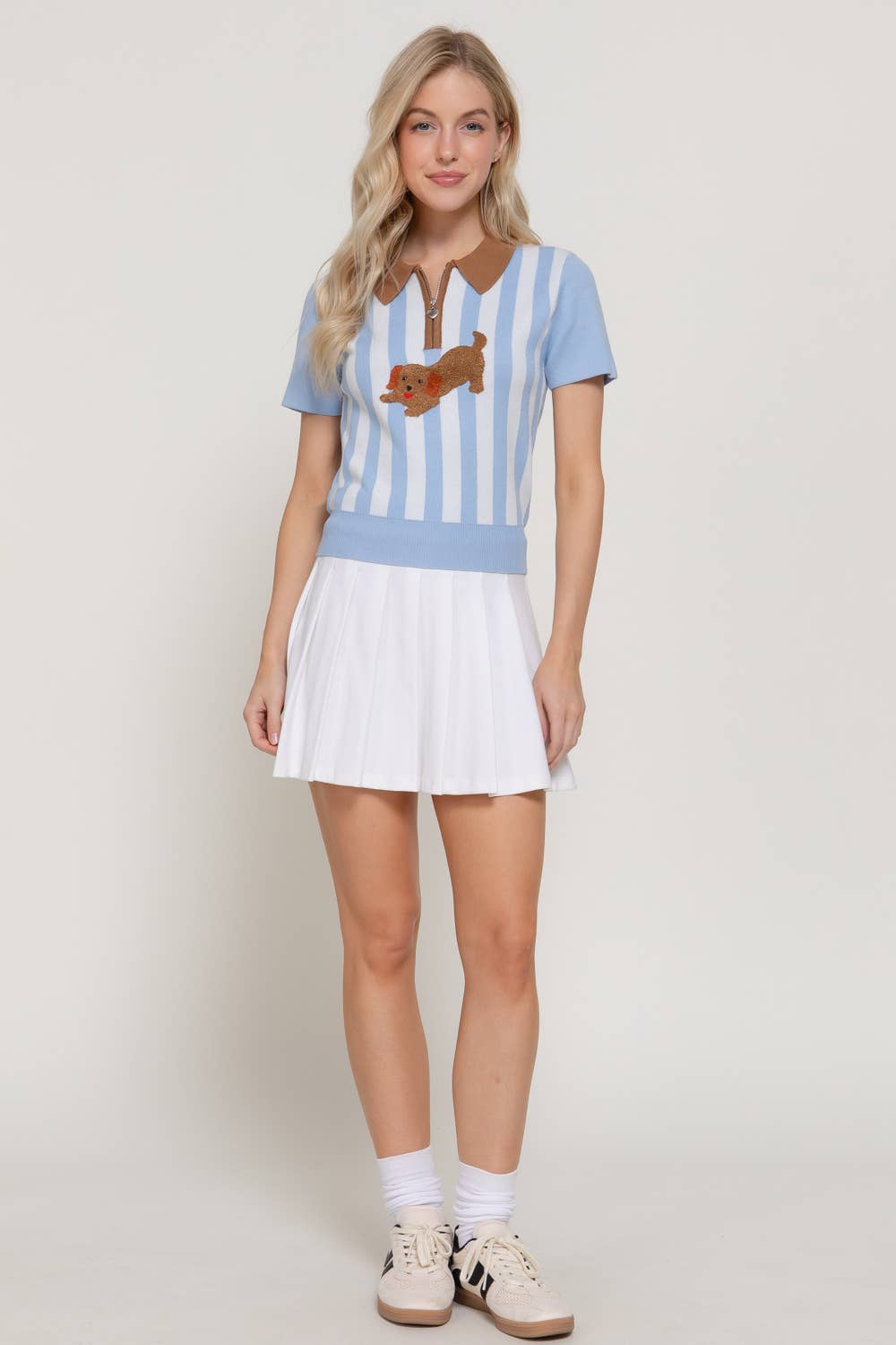 Short Sleeve Dog Frolicking Vertical Stripe Polo Top
