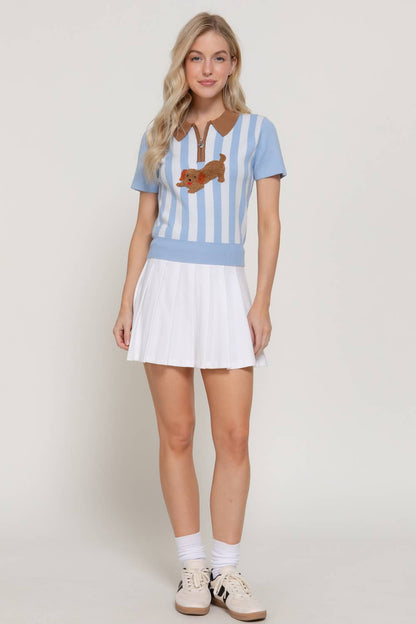 Short Sleeve Dog Frolicking Vertical Stripe Polo Top