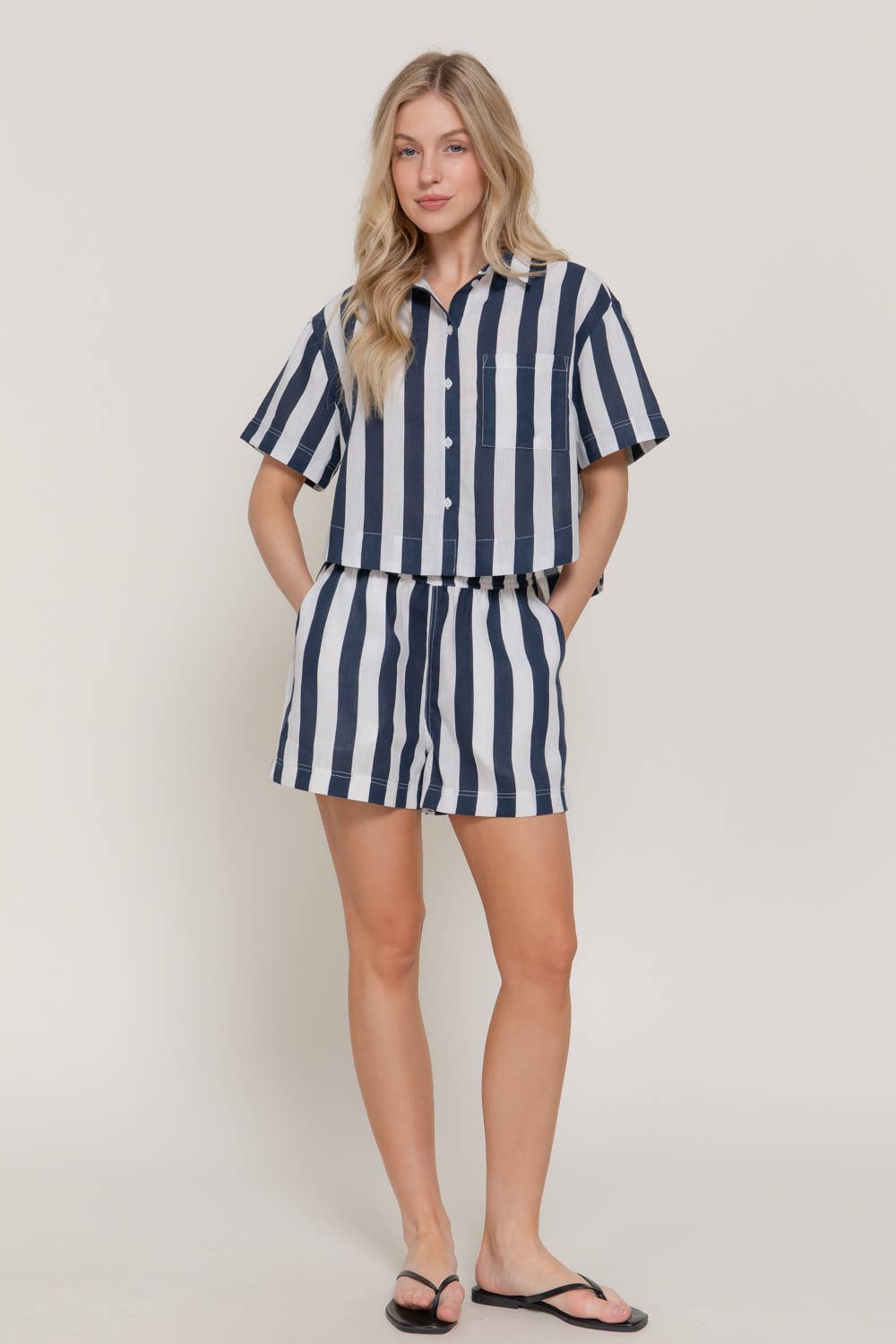 Short Sleeve Shirt & Wide Stripe Linen Effect Shorts Set