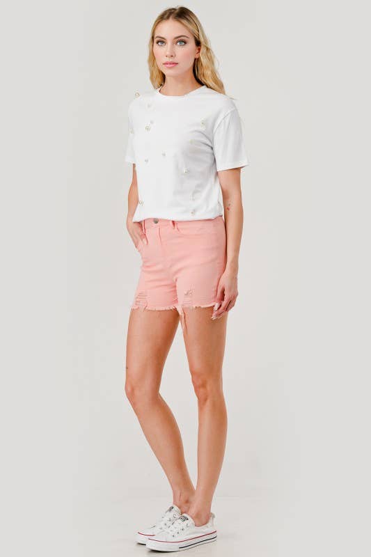 Pearl Round Neck Short-Sleeved T-Shirt
