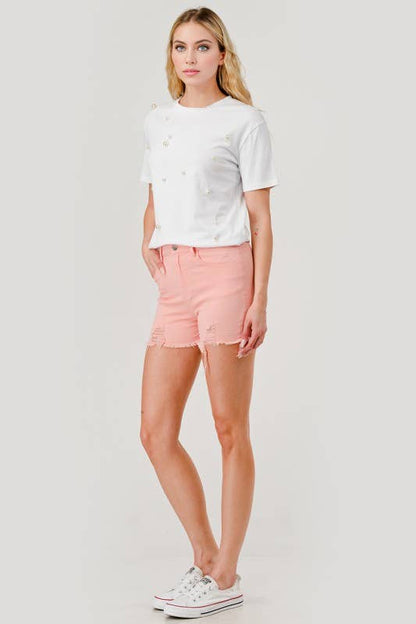Pearl Round Neck Short-Sleeved T-Shirt