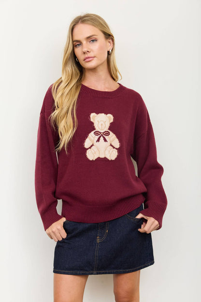 PRE ORDER- TEDDY JACQUARD CREW NECK KNIT PULLOVER SWEATER