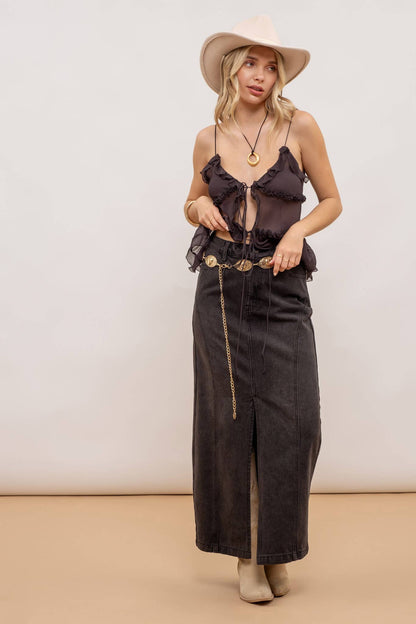 PANELED DENIM MIDI SKIRT