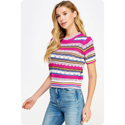 Multi Stripe Color Short Sleeve Crochet Knit Top