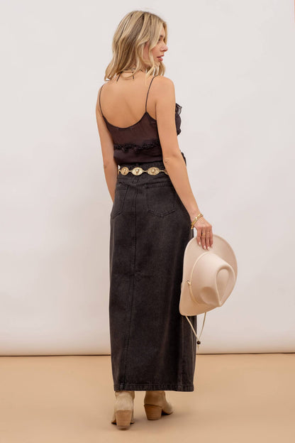 PANELED DENIM MIDI SKIRT