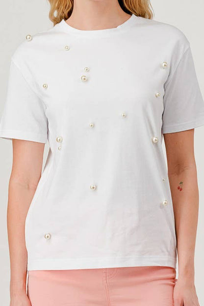Pearl Round Neck Short-Sleeved T-Shirt