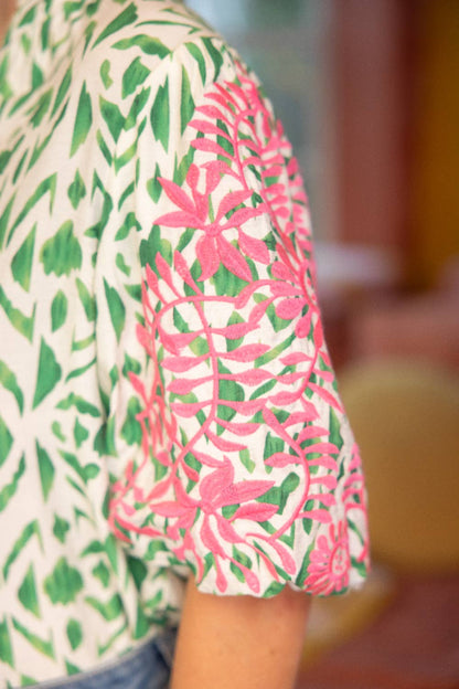 Flower Embroidered Bubble Sleeve Print Top