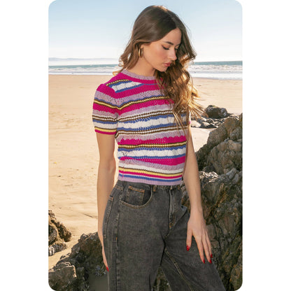 Multi Stripe Color Short Sleeve Crochet Knit Top