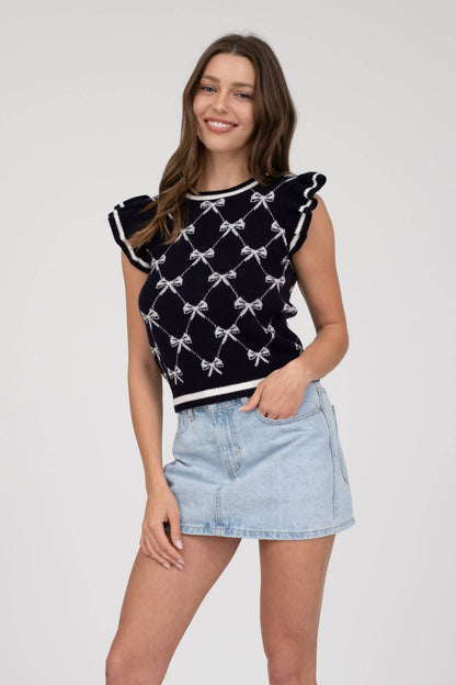 BOW PATTERN RUFFLE SLEEVE SWEATER KNIT TOP