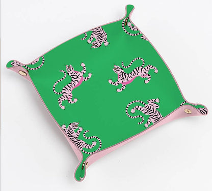 Preppy tiger pink trinket gift tray | green pink tiger