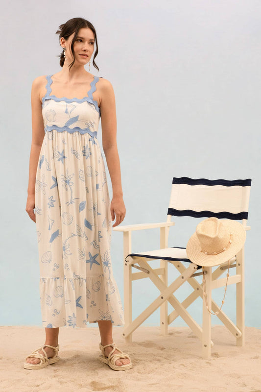 SEA PRINT WAVY TRIM SLEEVELESS MAXI DRESS