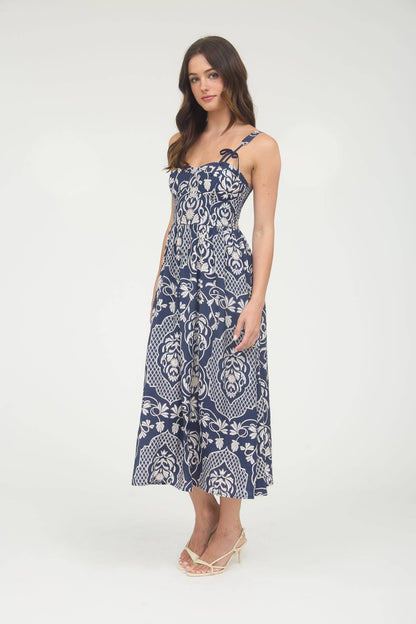 FLORAL DAMASK BOW DETAIL SLEEVELESS MIDI DRESS