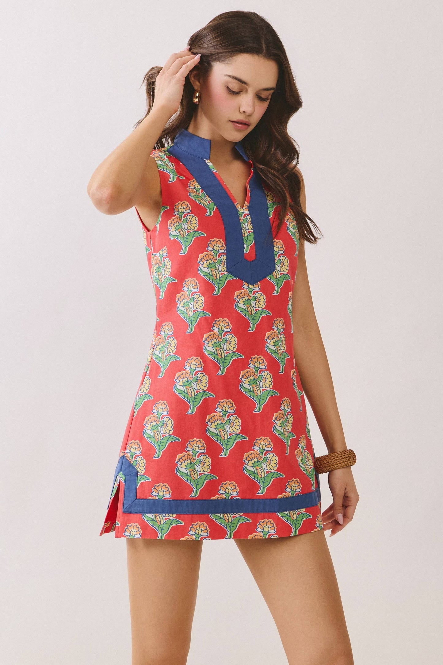 Orange Floral Print Side Slit Contrast Trim Dress