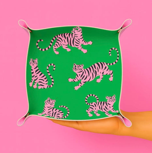 Preppy tiger pink trinket gift tray | green pink tiger