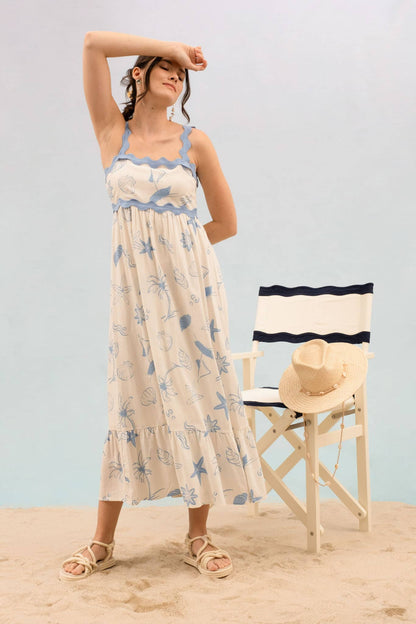 SEA PRINT WAVY TRIM SLEEVELESS MAXI DRESS