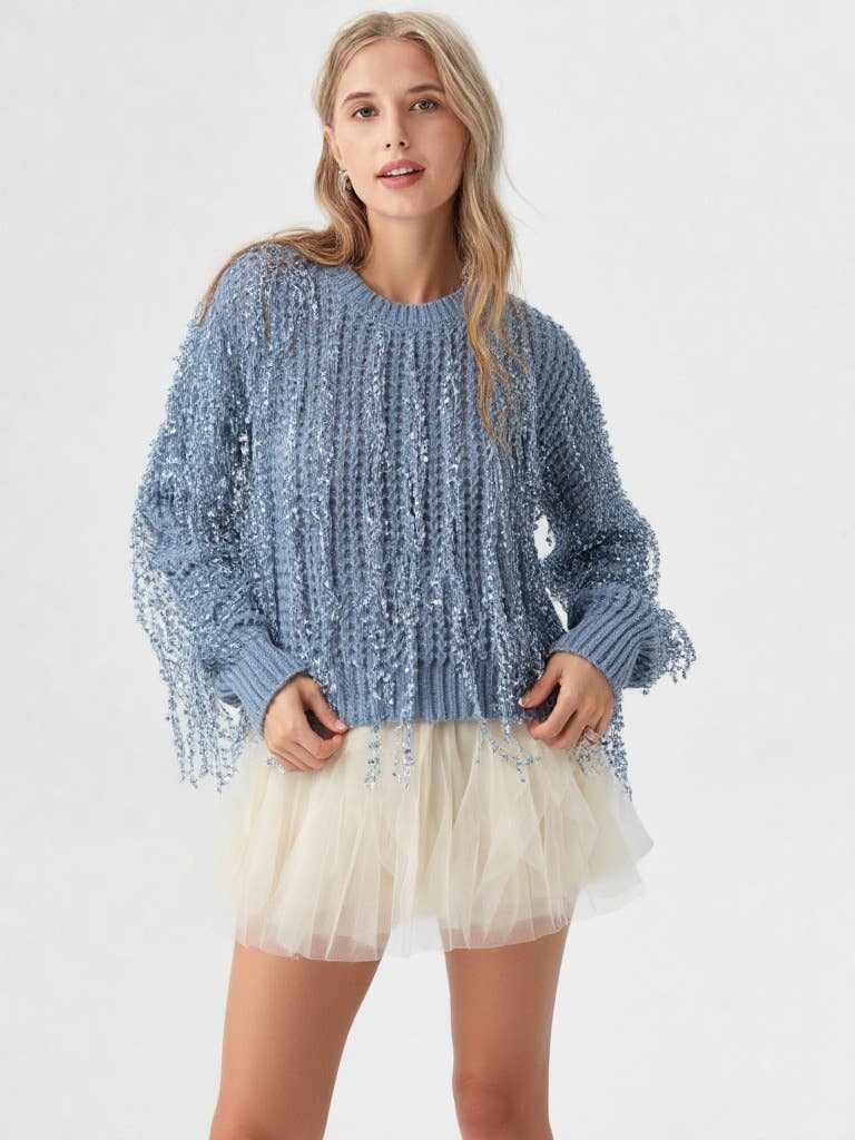 Fringe Detail Holiday Party Knit Sweater Top