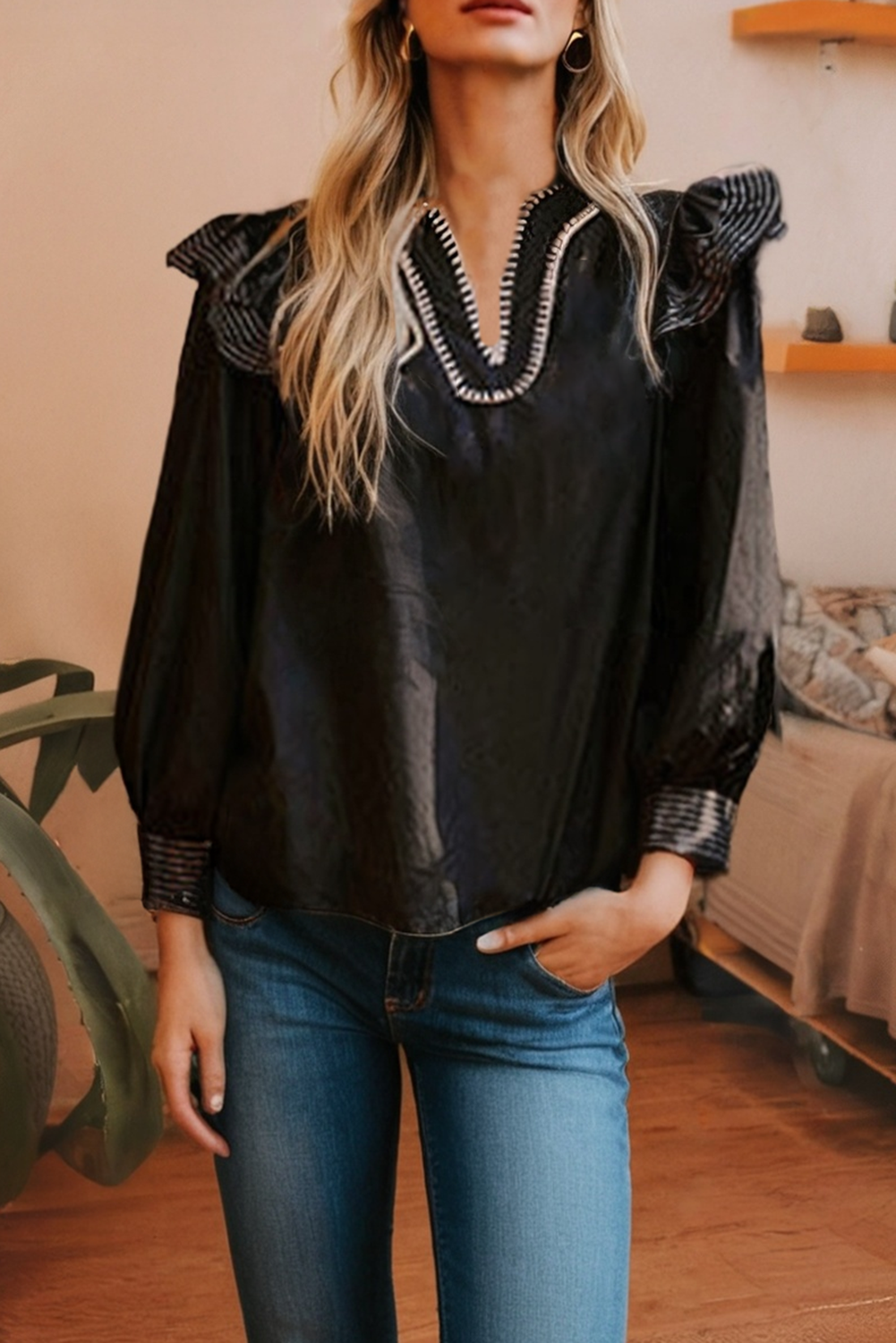 Stitched Detail V Neck Ruffle Long Sleeve Blouse