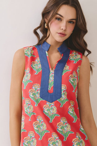 Orange Floral Print Side Slit Contrast Trim Dress
