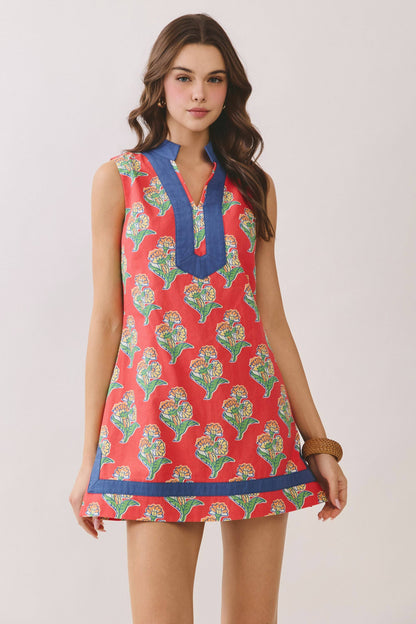 Orange Floral Print Side Slit Contrast Trim Dress