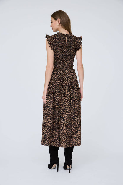 PRE ORDER LEOPARD SLEEVELESS SMOCKED TIERED MIDI DRESS