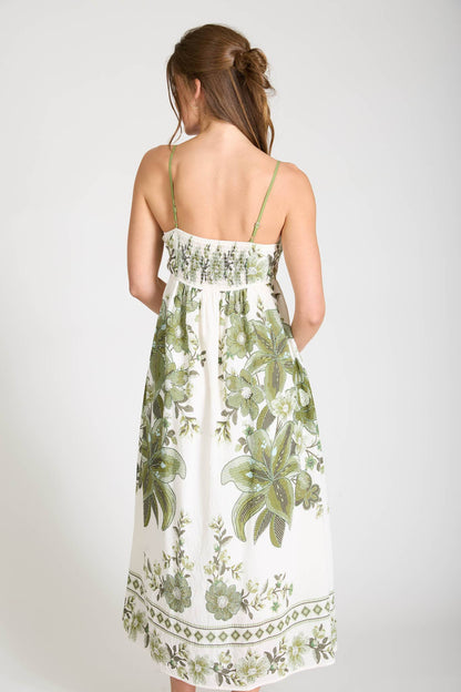 POSITANO FLORAL PATTERN SPAGHETTI STRAP MIDI DRESS