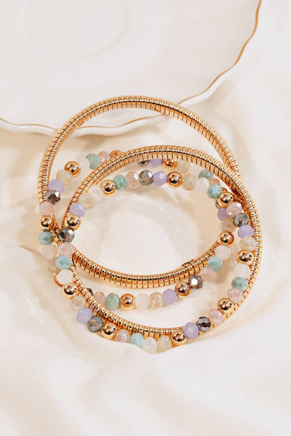 Mixed Beads And Metallic Coil Elastic Bracelet Set