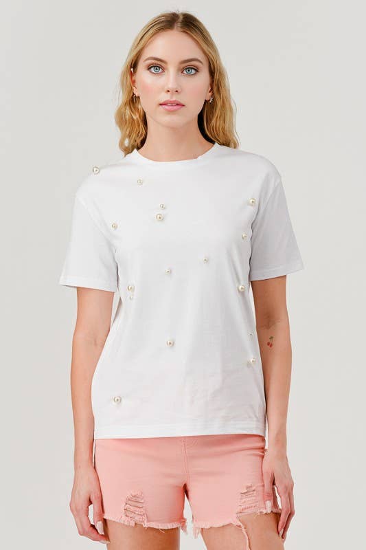 Pearl Round Neck Short-Sleeved T-Shirt