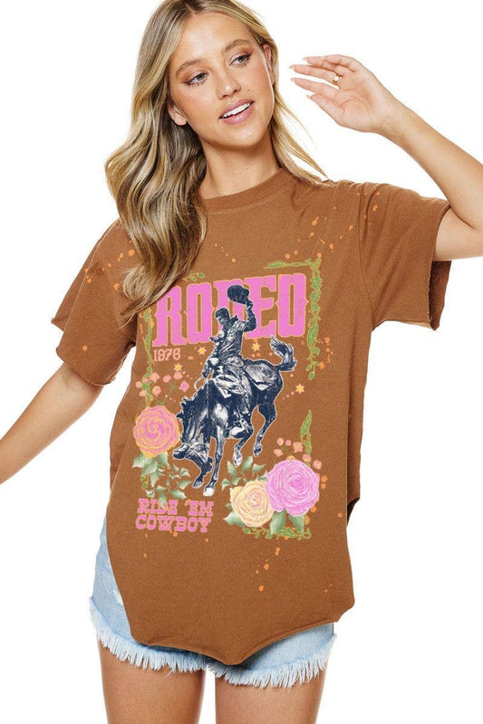 Rodeo 1976 Ride 'Em Cowboy Graphic Bleached Top