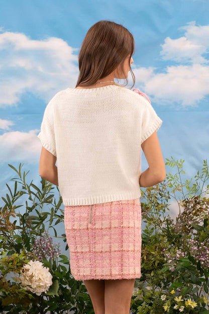 BOW DETAIL SHORT SLEEVE KNIT PULLOVER