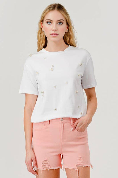 Pearl Round Neck Short-Sleeved T-Shirt