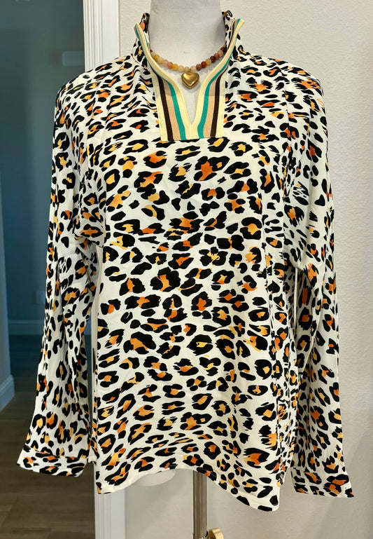 Leopard Print Long Sleeve Striped V Neck Top