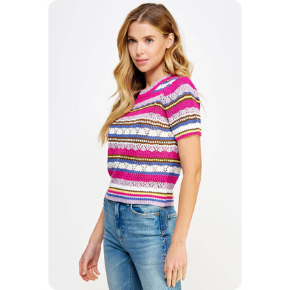 Multi Stripe Color Short Sleeve Crochet Knit Top