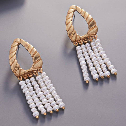Linear Triangular with Pearl Tassel Post Earrings