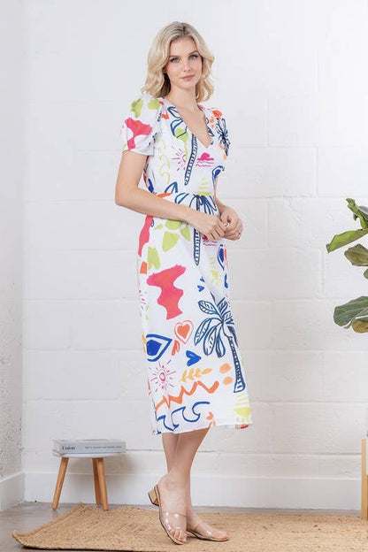 V-neck short sleeve back tie midi dress