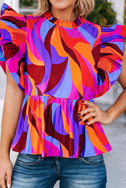 LDC Abstract Print Flutter Sleeve Peplum Blouse