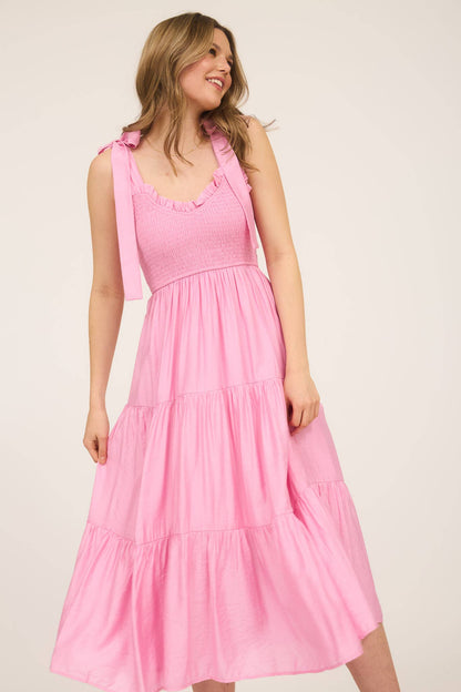 SWEETHEART NECK TIE STRAP SMOCKED TIERED MAXI DRES