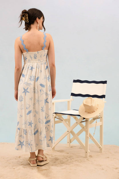 SEA PRINT WAVY TRIM SLEEVELESS MAXI DRESS
