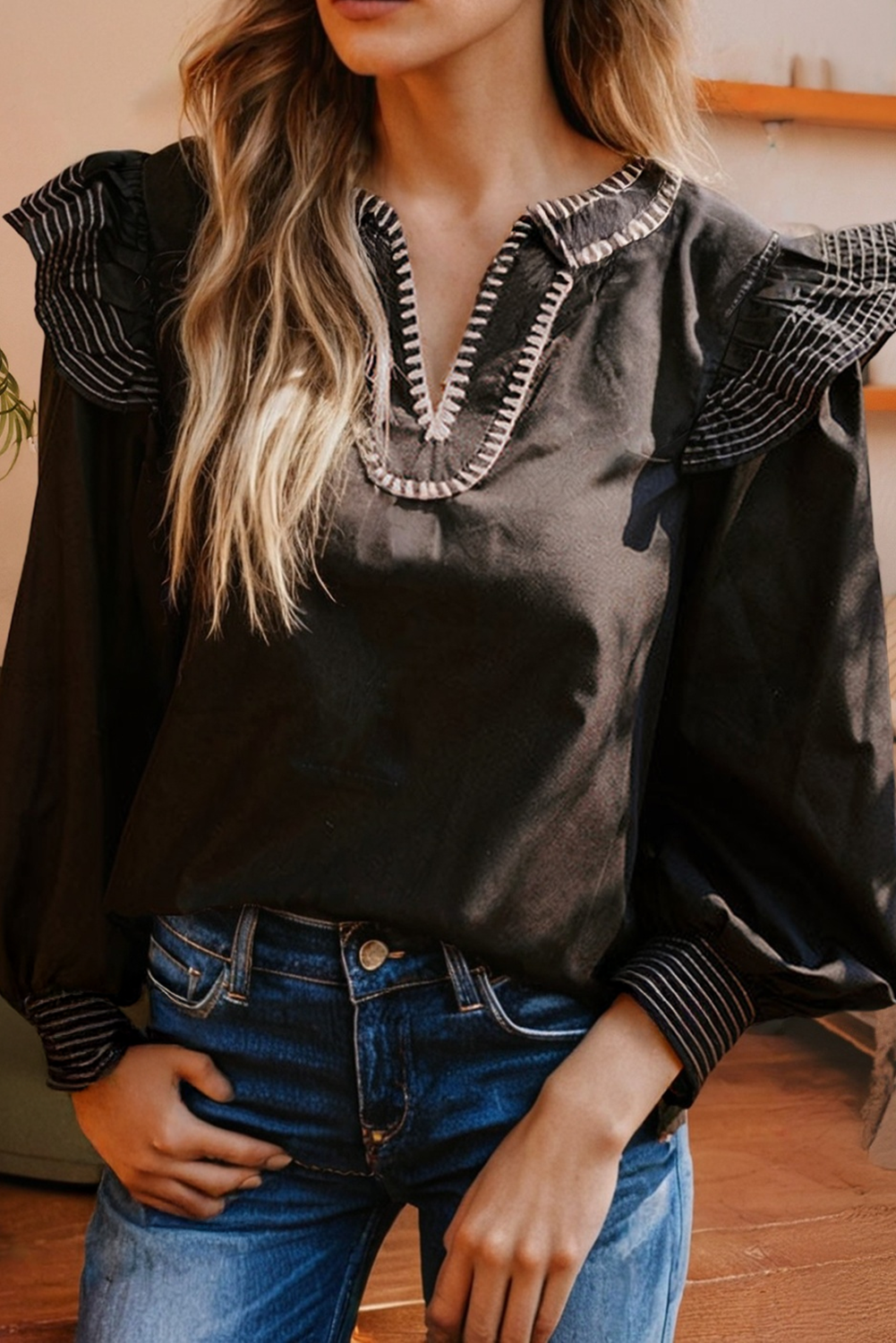 Stitched Detail V Neck Ruffle Long Sleeve Blouse