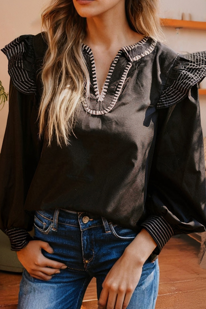 Stitched Detail V Neck Ruffle Long Sleeve Blouse