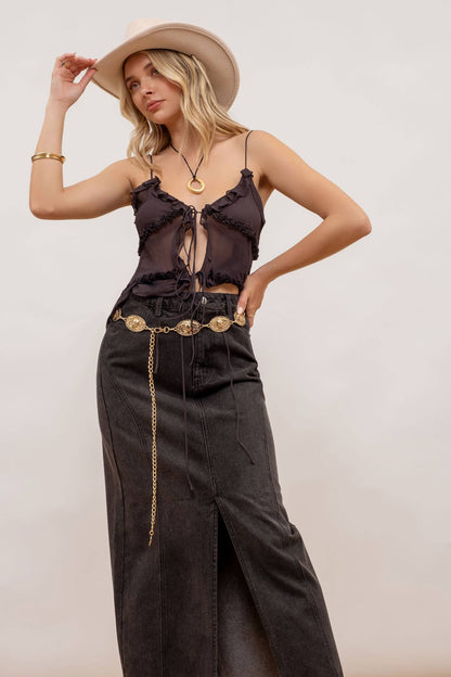 PANELED DENIM MIDI SKIRT