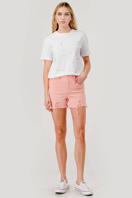 Pearl Round Neck Short-Sleeved T-Shirt