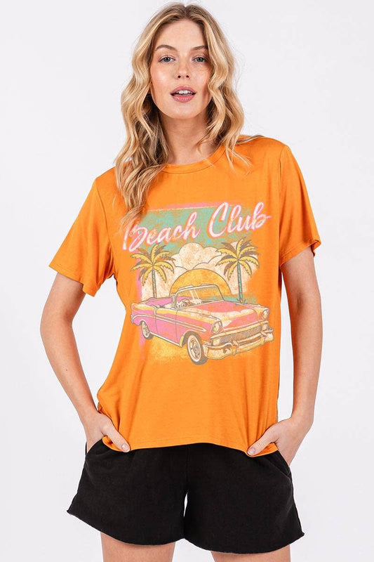 Beach Club Vintage Muscle Car Graphic Rayon Top