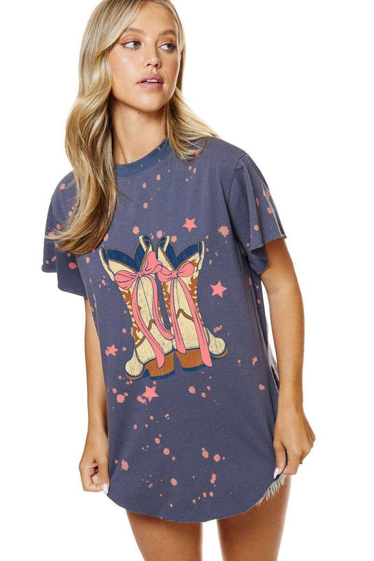 Bow Cowboy Boots Graphic Bleached Top