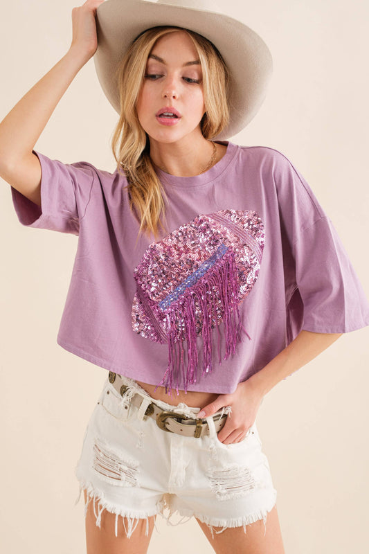 Embellished Sequin Game Day Graphic Crop T Shirt