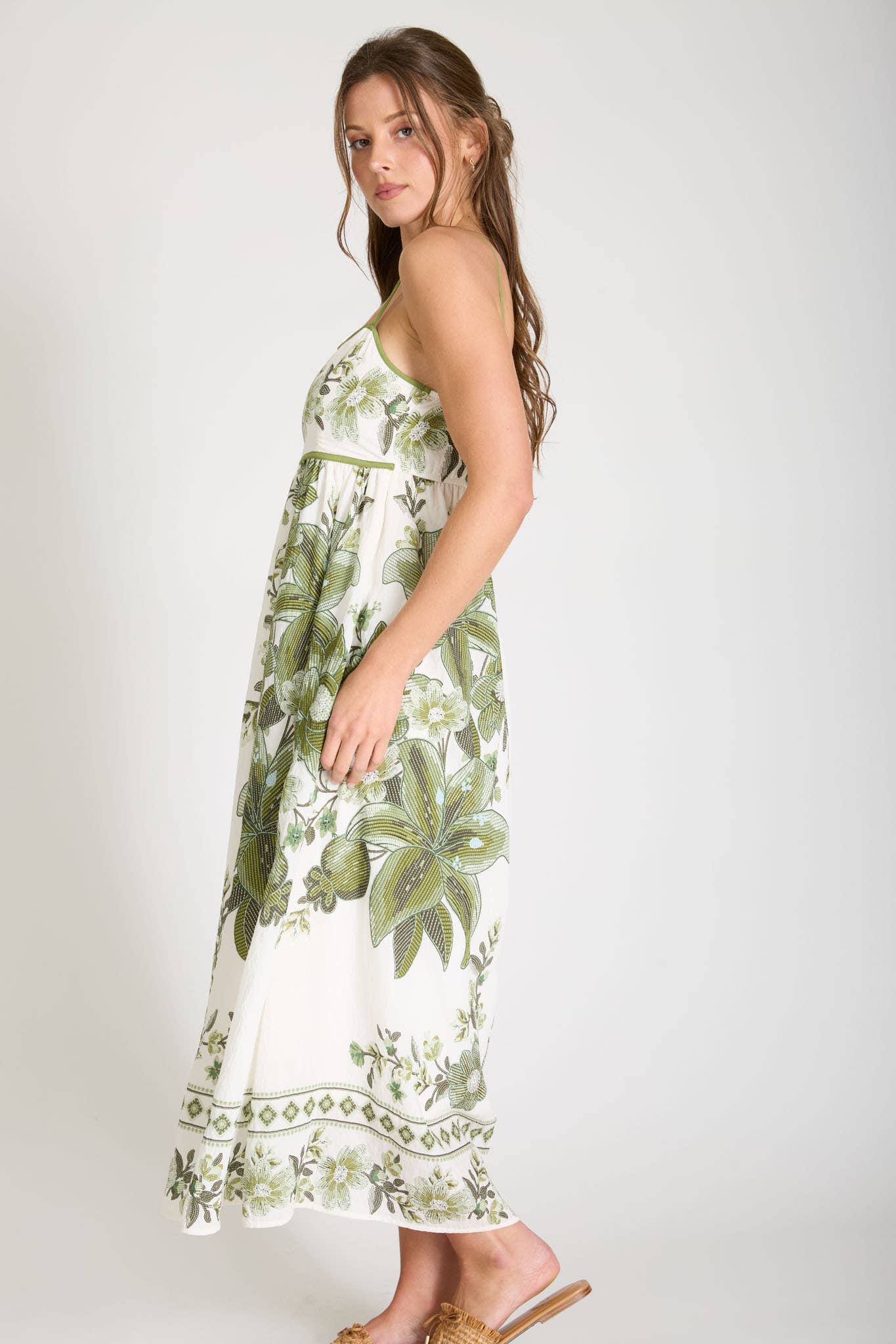 POSITANO FLORAL PATTERN SPAGHETTI STRAP MIDI DRESS