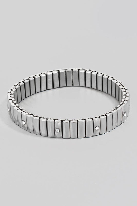 Stainless Steel Rhinestone Station Studded Intricate Elastic Bracelet