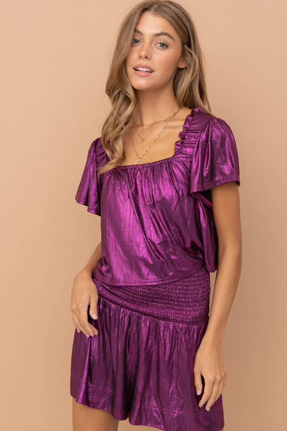 Metallic Ruffle Elastic Shoulder Crop Top Smocked