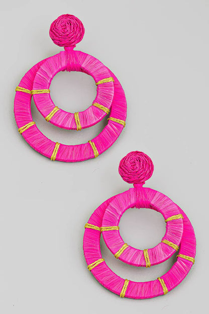 Double Raffia Wrapped Circle Drop Earrings